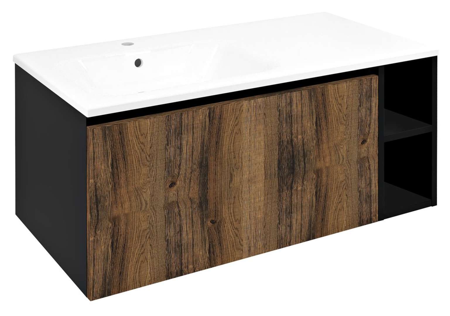 Sapho Lorea - Waschtischunterschrank 100 X 46 X 52 Cm, 1 Tür, 1 Schublade, Links, Eiche Collingwood/mattschwarz Le080-1935-l-03