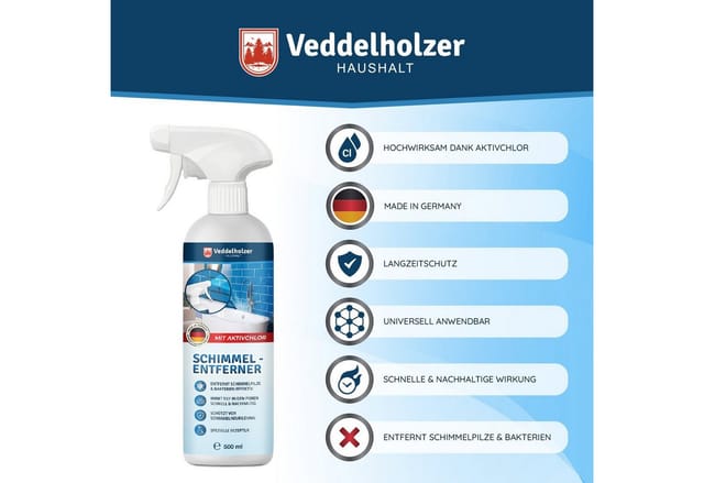 Veddelholzer Premium Schimmelentferner mit Aktivchlor. Anti Schimmelspray Schimmelentferner (Wände, Fenster, Bad, Dusche, Tapeten, Fugen, Beton, Kunststoffe, Silikon uvm, [- 500ml Schimmelentferner 500ml)