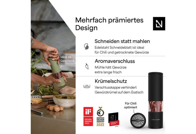 LARS NYSØM Gewürzmühle Lagom Chili, (1 Stück), hochwertiges Schneideblatt aus Edelstahl perfekt für Chili