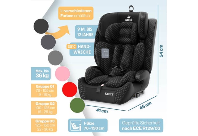 KIDIZ Autokindersitz, Kinderautositz Isofix 1-12 Jahre, Mitwachsend, Gruppe 1+2+3, 9-36 kg