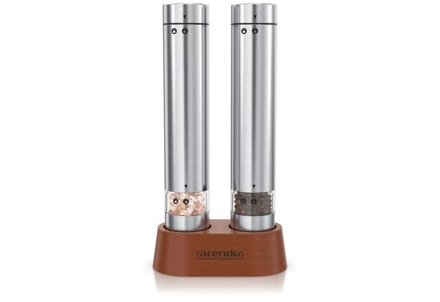 Arendo Salz-/Pfeffermühle Elektrische Salzmühle & Pfeffermühle, stufenlos einstellbar Batterie, (2 Stück), Edelstahl, Keramikmahlwerk, 2er Set, Glasbehälter, Holzständer
