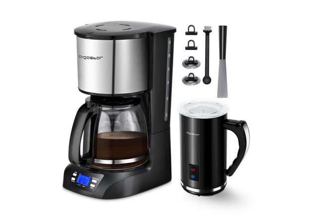 Aigostar Filterkaffeemaschine 1,5L Kaffeemaschine mit programmierbarer Timer/ Elektrisch Milchaufschäumer 500W, Korbfilter, 24H Timer, 40 Mins Warmhaltefunktion, Tropf-Stopp