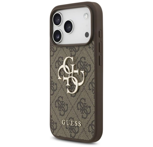 Guess Handyhülle iPhone 17 Pro Kunstleder braun Big Logo Metall goldfarben 6,3 Zoll, Kantenschutz
