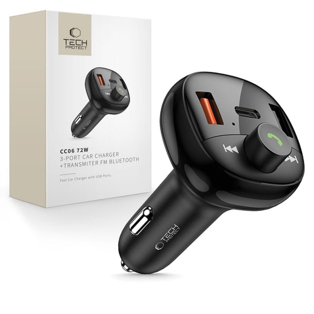 TECH PROTECT CC06 KFZ-Adapter Kfz-Stecker (Zigarettenanzünder) zu USB-A, USB-C, Autoladegerät mit Bluetooth-FM-Sender und 72 W Schnellladen