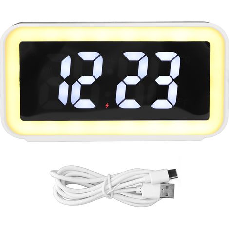 Rechteckiger Digitaler Wecker Mit Led-anzeige, Kabelloser Ladefunktion Und Umgekehrtem Usb-anschluss Für Das Schlafzimmer, Weiß