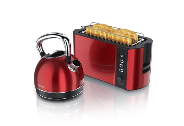Arendo Frühstücks-Set Edelstahl Wasserkocher 1,7l, 4-Scheiben Langschlitz Toaster, rot (2-tlg), Frühstücksset, Wasserkocher Retro, 2200W, Toaster Brötchenaufsatz