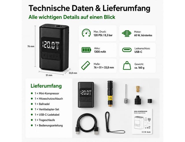 Tekoo Akku-Luftpumpe Elektrische Fahrradpumpe Akku 120 PSI Mini Kompressor USB-C (Set, Mit Zubehör), Ultra-kompakt (160g), bürstenloser Motor, digitaler Reifendruckprüfer