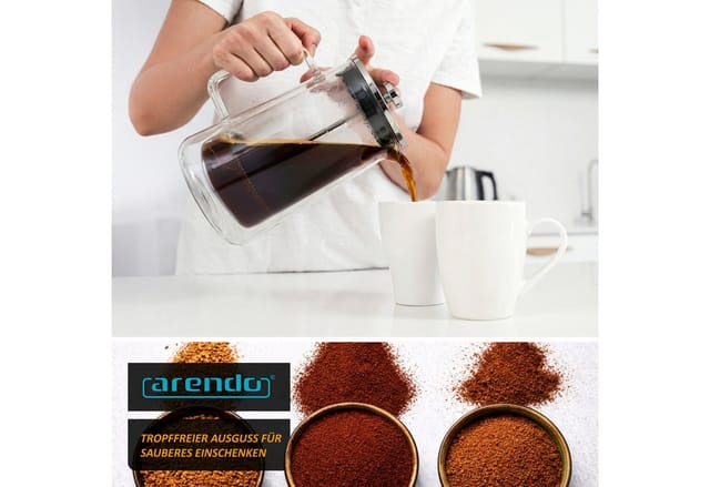 Arendo French Press Kanne 307877 Kaffeebereiter für Tee & Cold Brew, 1l Kaffeekanne, Edelstahlfilter, Doppelwand-Glas, hitzebeständig, spülmaschinenfest, BPA-frei