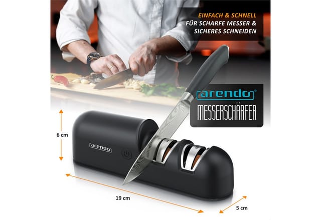 Arendo Messerschärfer Elektrisch Profi Messerschleifer für verschiedene Messer, Kompakt, 2-Stufen Grob- & Feinschliff, 1200mAh Akku, Edelkorund, USB-C