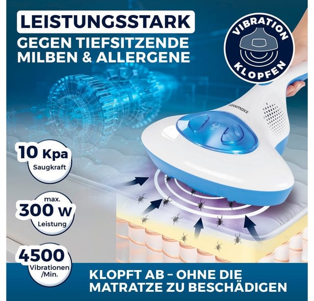 CLEANmaxx Matratzenreinigungsgerät Milben-Handstaubsauger, 300 W, mit Beutel, Antimilben-Sauger mit UV-C-Licht, inkl. EPA Filter