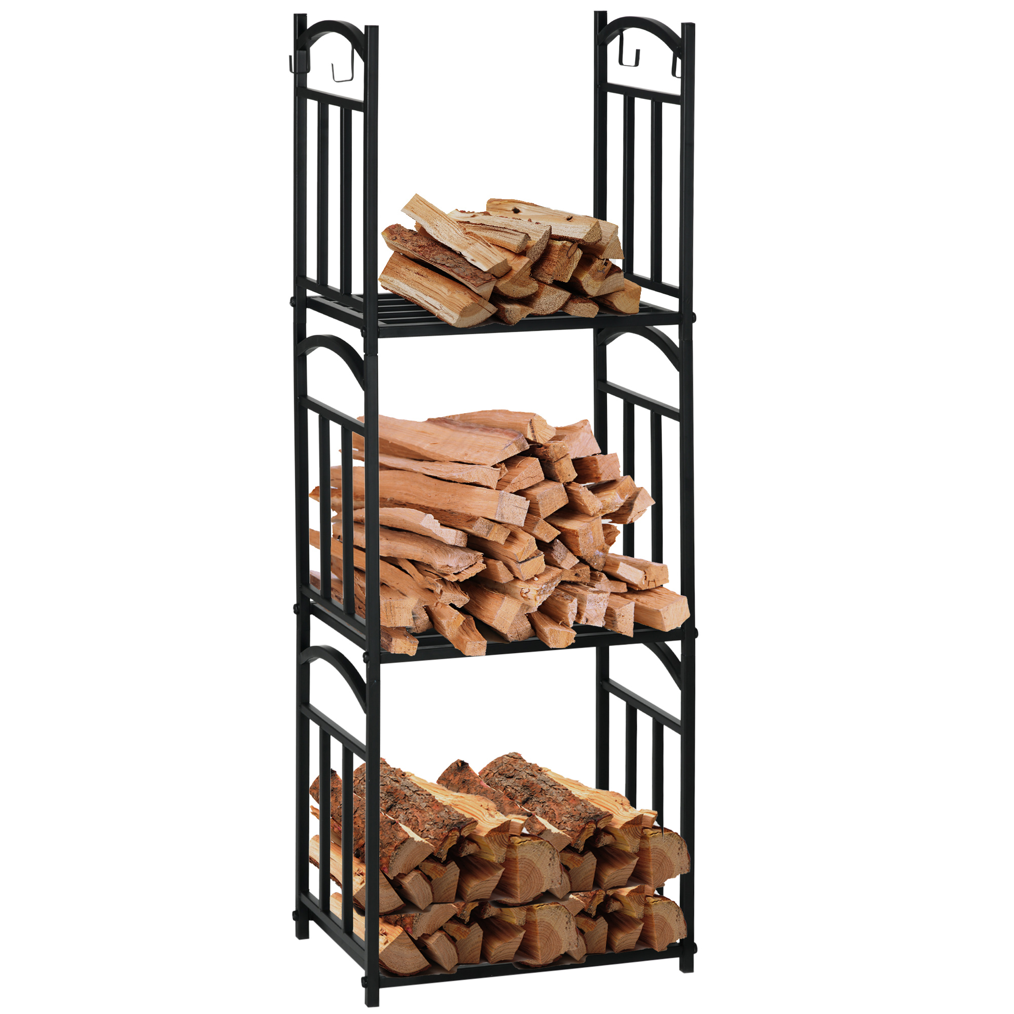 Brennholzregal, Holzständer, Modulares Brennholzlagerregal Mit 4 Haken, Abmessungen 46 X 32 X 126 Cm