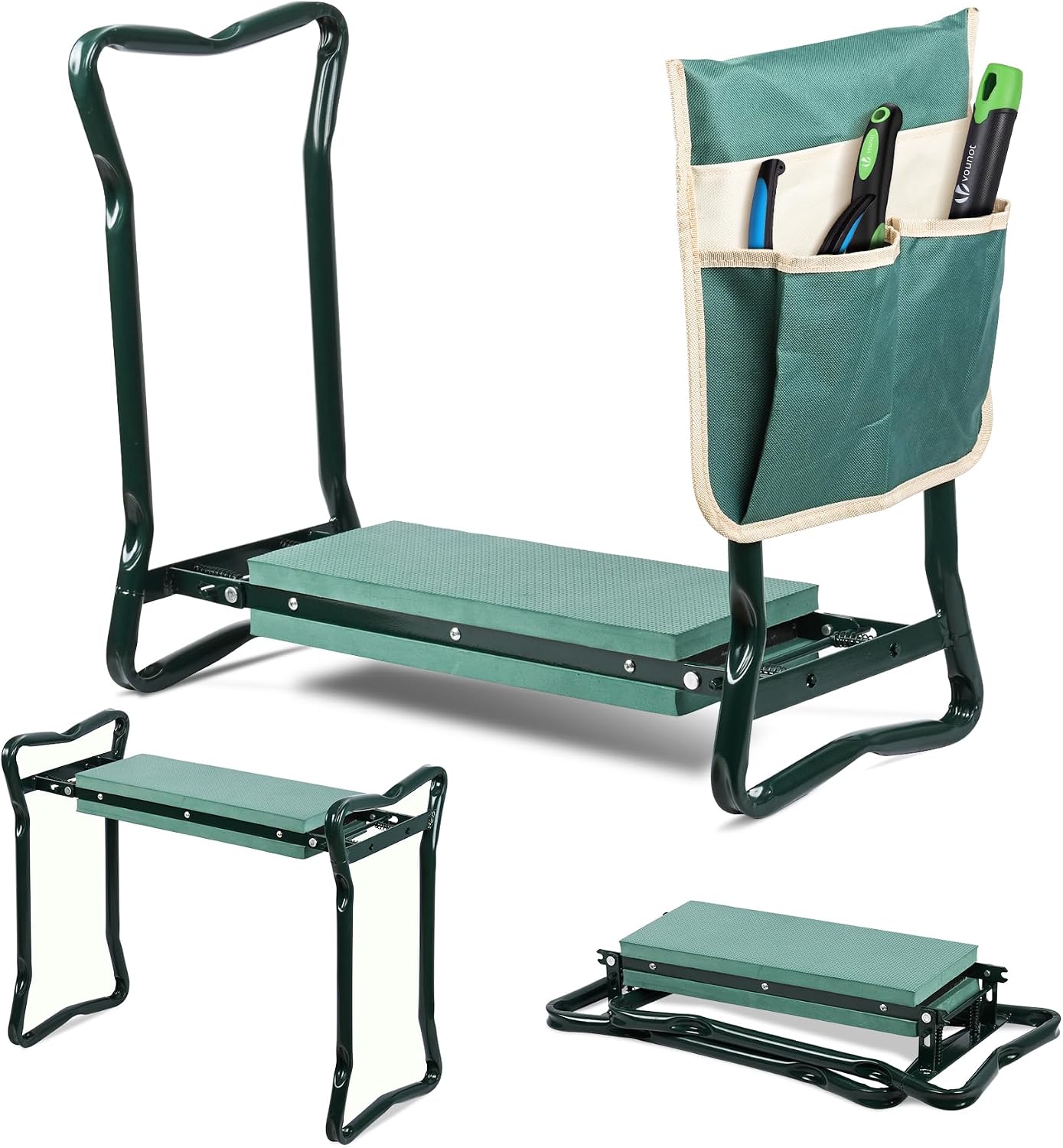 Banc De Jardinage Pliable 2 En 1 Tabouret Agenouilloir De Jardin Avec Pochette De Rangement Pour Outils Siège Avec Coussin Doux En Eva Pour Le Jardinage Extérieur Vert