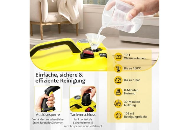 KOMFOTTEU Dampfreiniger Flächenleistung: 108 m², Dampfdruck: 5 bar, 2000,00 W, 1,8 L Wasserkapazität
