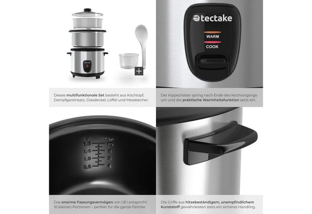 tectake Reiskocher Dampfgarer mit Dampfgareinsatz, 1,8 l, Warmhaltefunktion, 700 W, Warmhaltefunktion, hitzebeständige Griffe