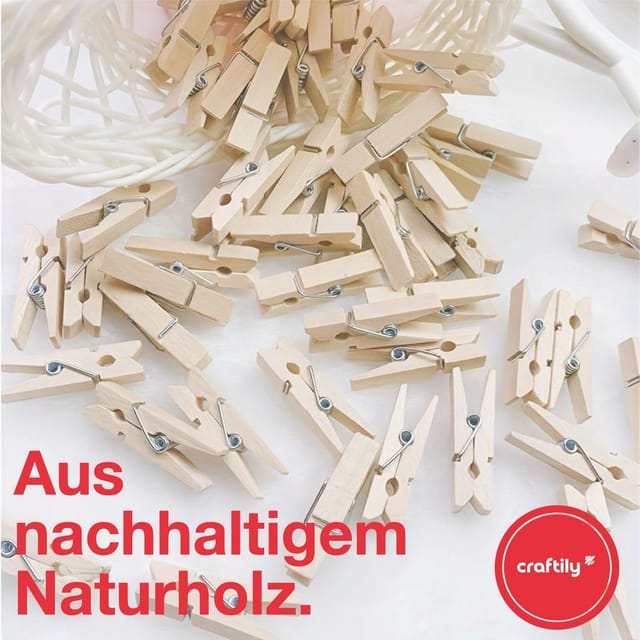 craftily Wäscheklammern 100x Holzklammern 25 mm Mini, Wäscheklammern - Klammern