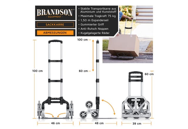 Brandson Sackkarre Transportkarre klappbar mit 75 kg Last Vollgummireifen & Expanderseil, (1-St), Alu Treppensteiger, für Umzug Getränkekisten, 6 Räder, leicht & stabil