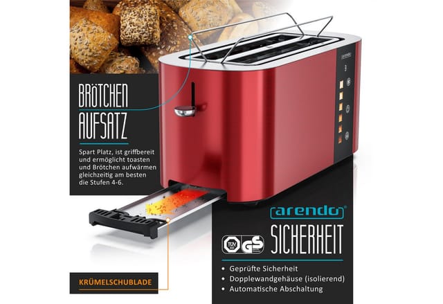 Arendo Toaster Edelstahl 4-Scheiben Langschlitz, Touch, Restzeit Bräunungsgradanzeige, 2 lange Schlitze, für 4 Scheiben, 1500 W, Brötchenaufsatz, Wärmeisoliert, Toast-Symbole für Bräunungsgradauswahl