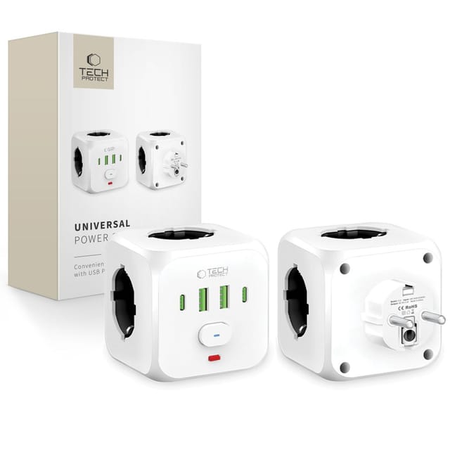 TECH PROTECT PCL3x4 Steckdosenleiste 3-fach (3 Schuko-Steckdosen, 2 USB-A Anschlüsse, 2 USB-C Anschlüsse, Ein-/Ausschalter), Kompakte Steckdosenleiste mit USB-A und USB-C sowie Geräteschutz
