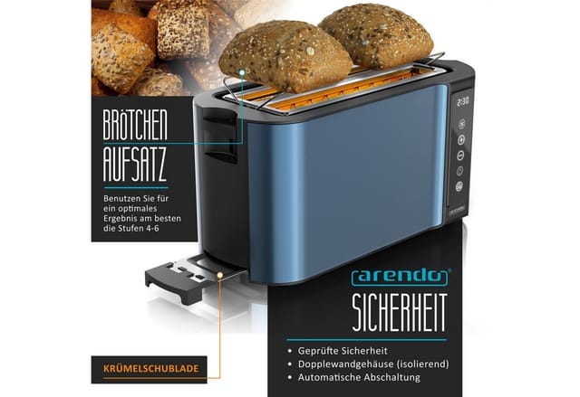 Arendo Toaster Wärmeisoliertes Doppelwandgehäuse, Display mit Restzeitanzeige, 2 lange Schlitze, für 4 Scheiben, 1500 W, Langschlitz, Touchpanel, Brötchenaufsatz, 7 Bräunungsgrade
