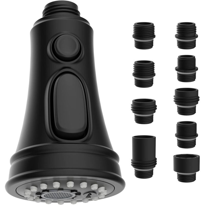 Ersatzkopf Für Küchenarmatur, Ausziehbarer Strahlregler Für Wasserhahn, 3 Funktionen Mit 9 Adaptern Kompatibel Mit G1/2 Armaturen, Mattschwarz