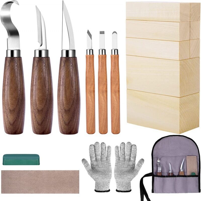 Schnitzmesser-set Mit Holzblöcken, Holzschnitzset Für Erwachsene Und Kinderanfänger, Set Bestehend Aus 6 Holzschnitzmessern, 8 Holzblöcken Und Vergrößerten Handschuhen.