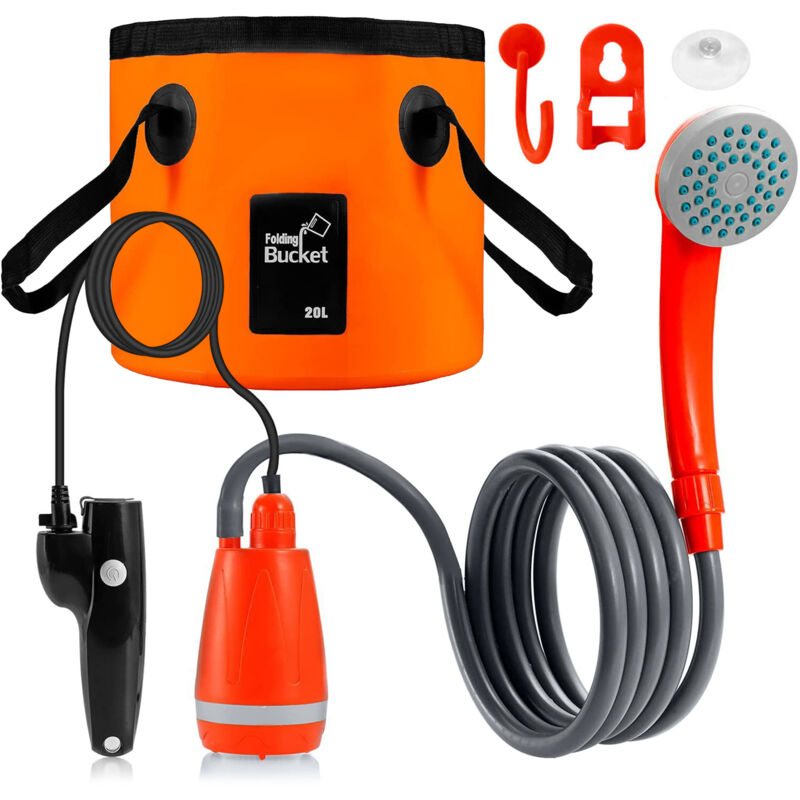 Tragbare Campingdusche Mit 20-liter-eimer – 2 M Flexibler Schlauch – Durchfluss 2,5–3,5 L/min – Hochleistungsmotor, Usb-aufladbar