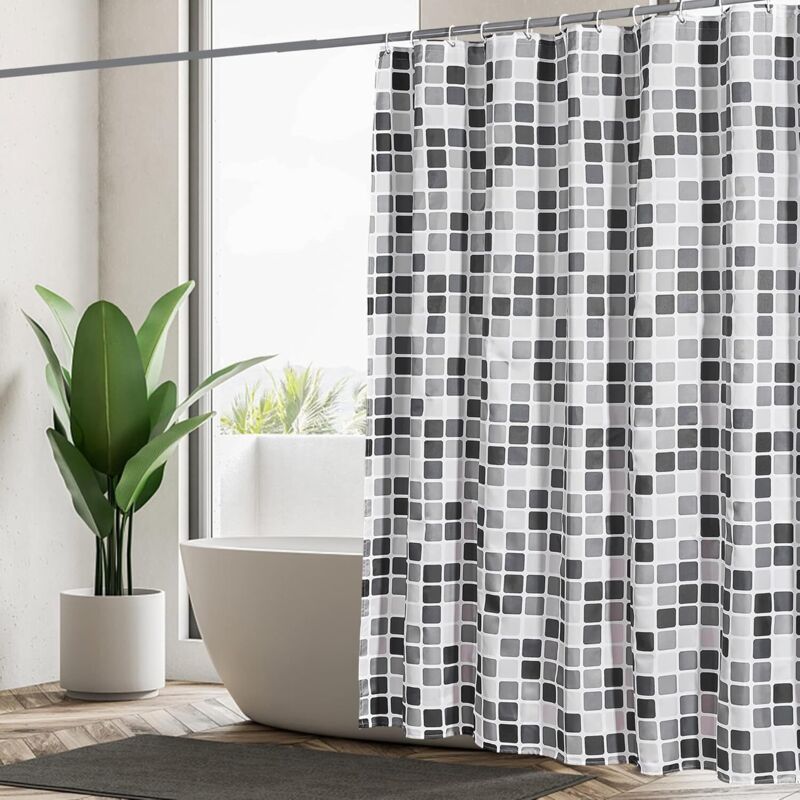 Duschvorhang Anti-schimmel, Duschvorhang 180x180 Cm, Polyester-gewebe Duschvorhang Mit Gewicht, Wasserdichter Badewannenvorhang, Maschinenwaschbar, Mit 12 Haken, Schwarz Weiß Grau Mosaik