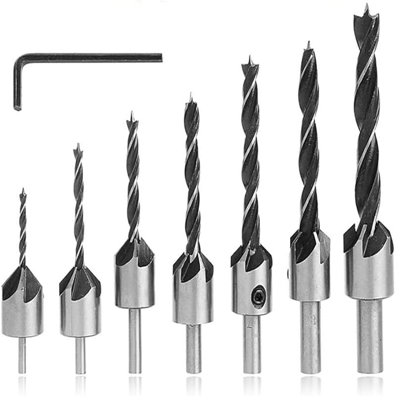 7-teiliges Holzbohrer-set Mit Stahlfräser, Konischer 5-flütiger Spiral-reibahle Für Holzbearbeitung, Fräsbohrer Mit Inbusschlüssel, Werkzeug Zum Anfasen (3-10 Mm)