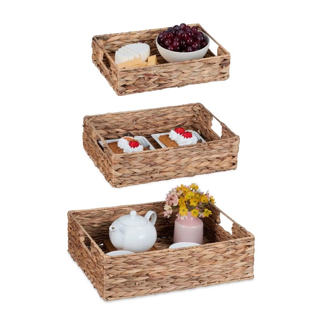 relaxdays Tablett 3er Set Tablett Wasserhyazinthe, Pflanzenfaser