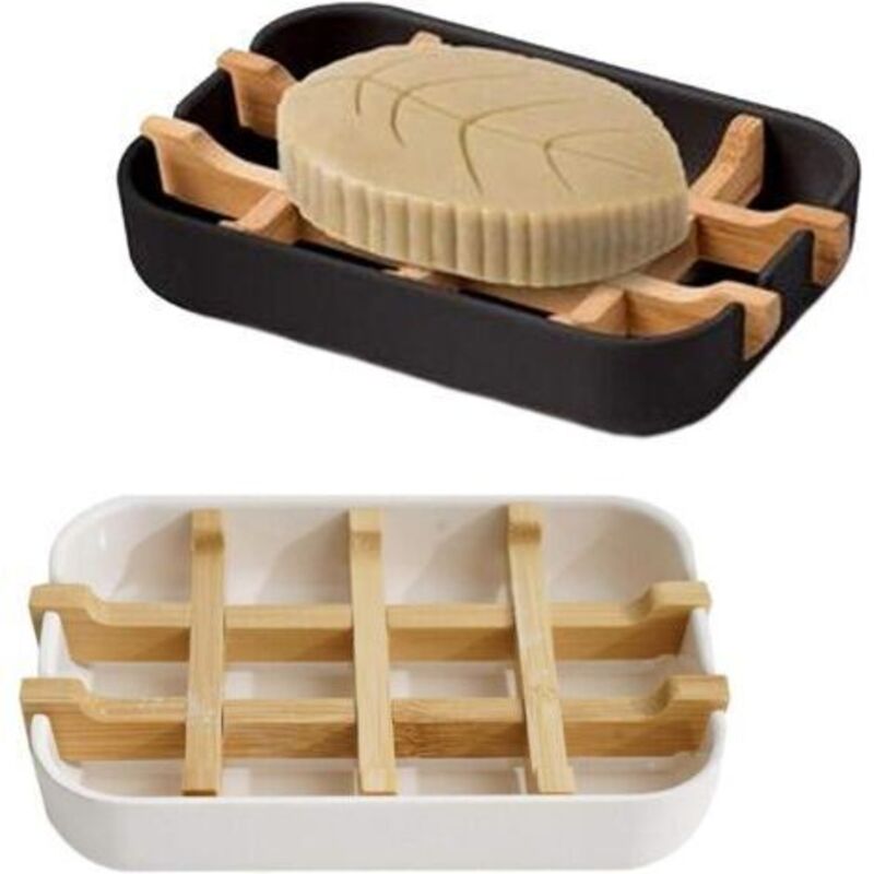 2er-set Seifenschalen Aus Natürlichem Holz Mit Abtropfschale, Automatische Entwässerung Für Badezimmer, Dusche Und Küche (limitless) – Weiß + Schwarz