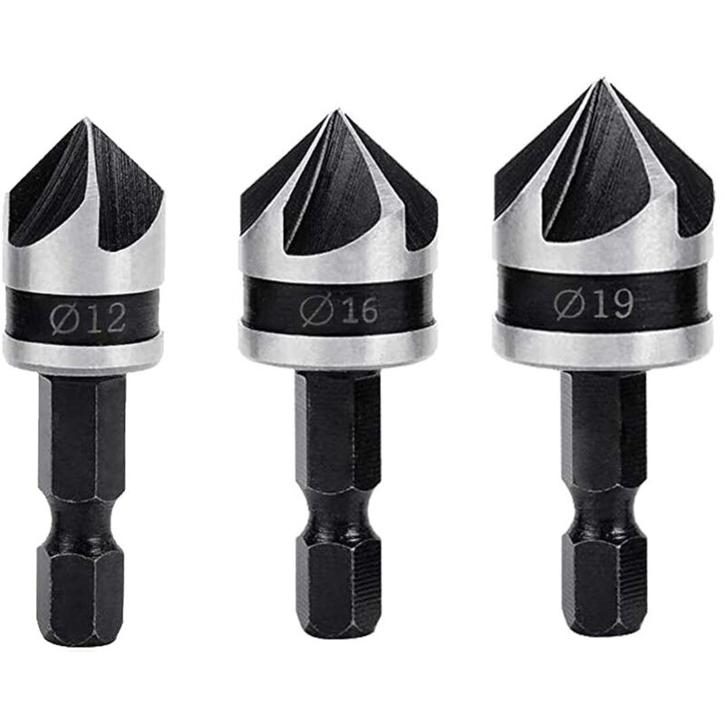 3 Stück 90-grad-ansenfräser, 5-flütiger Konischer Nutenfräser, 12 Mm/16 Mm/19 Mm Holzfräser, 1/4-zoll-sechskantschaft-fräser Aus Kohlenstoffstahl Für Holzbearbeitung