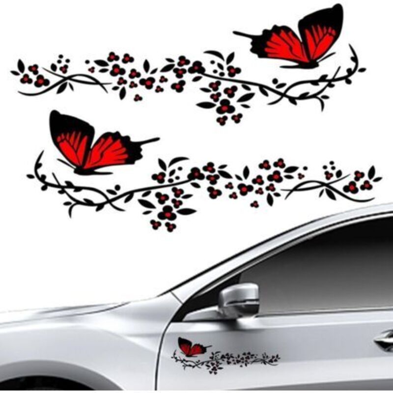 2 Stück Autoaufkleber, Aufkleber Für Autos Mit Schmetterlings- Und Blumenmotiv, Personalisierte Aufkleber Für Motorhaube, Motorrad, Skateboards, Koffer, Wände (rot Und Schwarz)