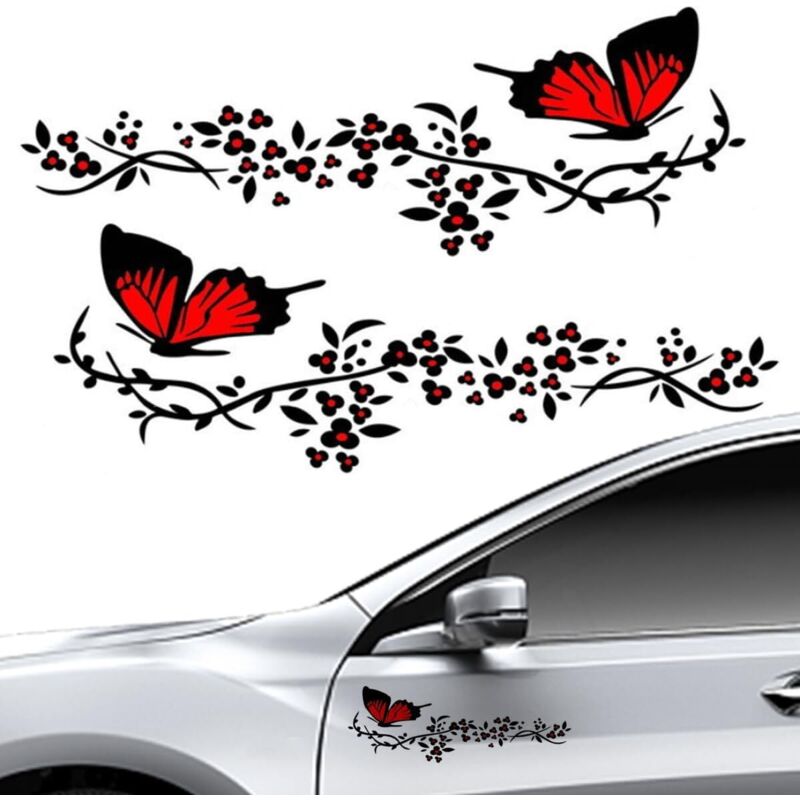 2 Stück Autoaufkleber, Autosticker Mit Schmetterlings- Und Blumenmotiv, Personalisierte Aufkleber Für Motorhaube, Autoabdeckung, Motorrad, Skateboards, Koffer, Wände (rot Und Schwarz)