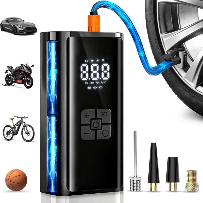 Kabelloser Autoreifen-aufbläser, Tragbarer Luftkompressor, 150 Psi (10,3 Bar) 6000 Mah Mini-kompressor Mit Led-licht, Für Auto, Fahrrad, Motorrad, Roller Und Bälle