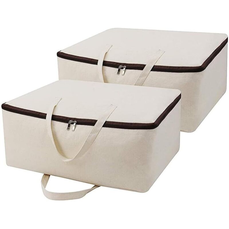 Set Aus 2 Atmungsaktiven Aufbewahrungstaschen Aus Natürlicher Baumwolle Mit Griffen Und 3-seitigem Reißverschluss, Ideal Für Kleidung, Decken, Bettdecken Und Kissen