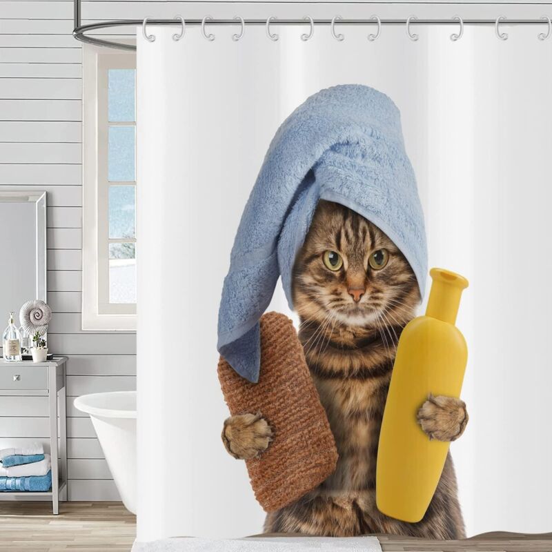 180x180cm Lustige Katze Duschvorhang, Hnmdmyi Niedliche Braune Katze Mit Shampoo-badeschwamm Und Blauem Handtuch, Kinder-cartoon Wasserdichter Waschbarer Polyester-stoff Badewannenvorhang