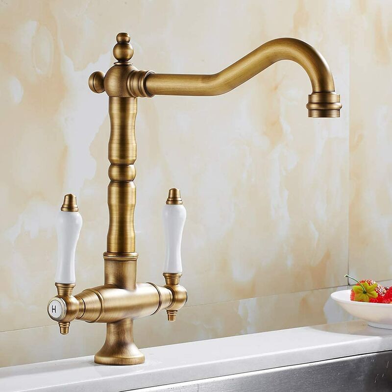 Vintage Küchenmischer, Retro Waschbeckenarmatur Mit 2 Griffen, Einstellbar Für Warmes Und Kaltes Wasser, 360° Drehbar, Bronze