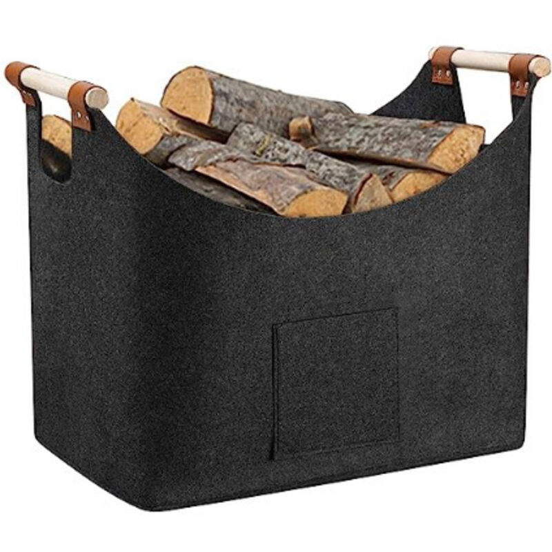 Filz-korb Für Brennholz – Tragfähigkeit 13 Kg – Maße 45 X 32 X 40 Cm – Holzgriff Mit Lederbezug – Aufbewahrung Für Kaminholz