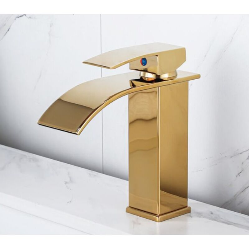 Gold Lackierter Kaskaden-wasserhahn, Warm- Und Kaltwasser Einloch-armatur Für Waschtisch Oder Badezimmer, Kaskaden-mischer, Einloch-badezimmer-wasserhahn Aus Messing