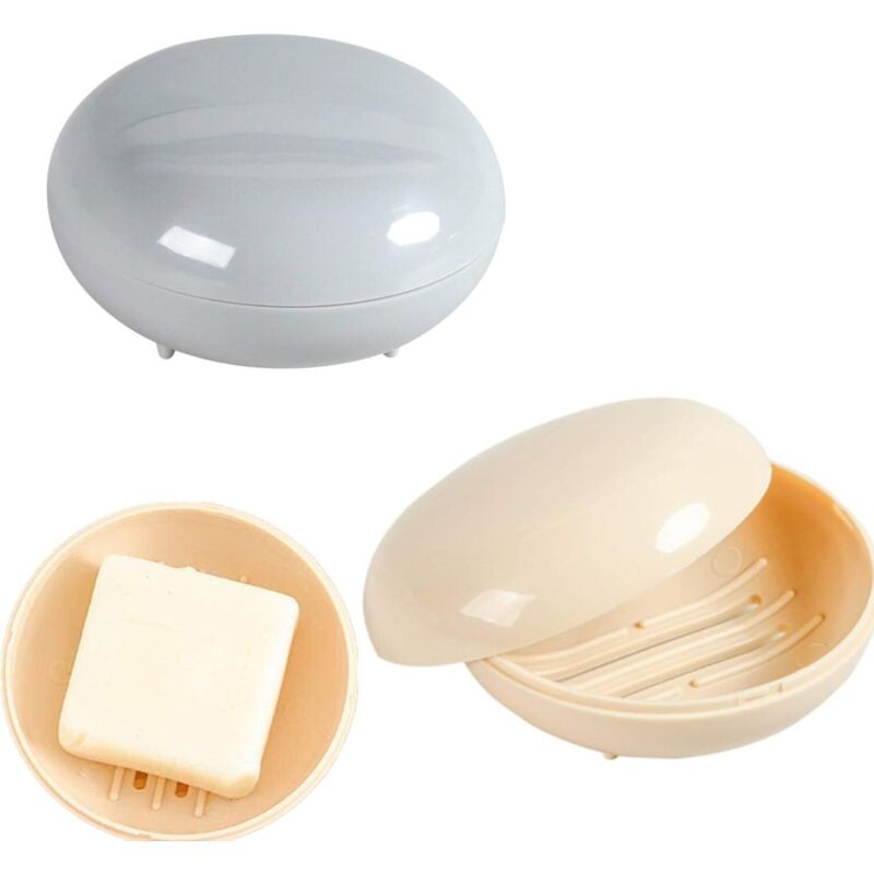 2er-set Seifenschalen Mit Deckel – Tragbare Seifenschale – Für Badezimmer, Dusche, Zuhause Und Reisen – Rund, Grau-aprikose