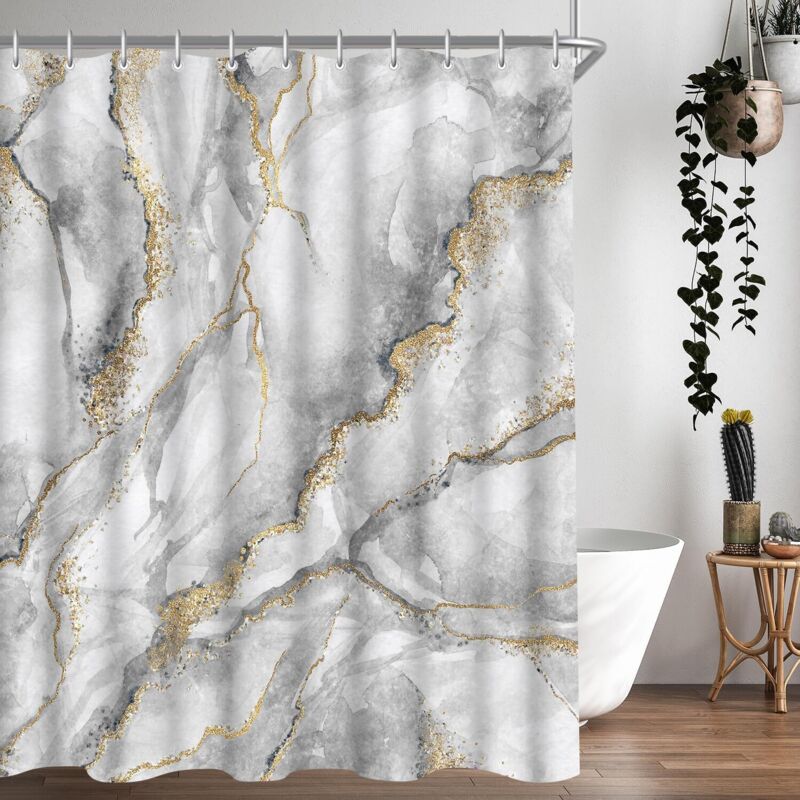 180 X 200 Cm Lerores Duschvorhang Mit Marmormuster, Beschwerter Saum, Schimmelresistentes Textil, Wasserdicht, Waschbar, Aus Polyester, Für Badezimmer Und Badewanne