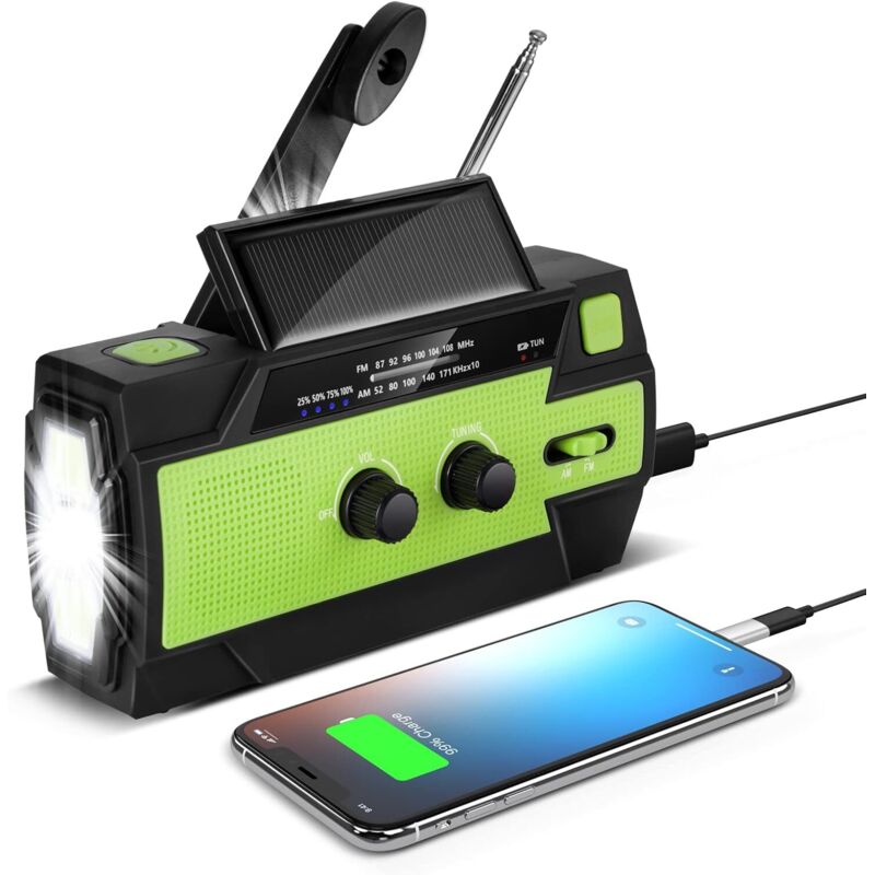 Tragbares Kurbel-solarradio – 4000mah Akku – 4 Taschenlampenmodi – Sos-alarm – Usb- Und Solarladung – Am/fm/wb