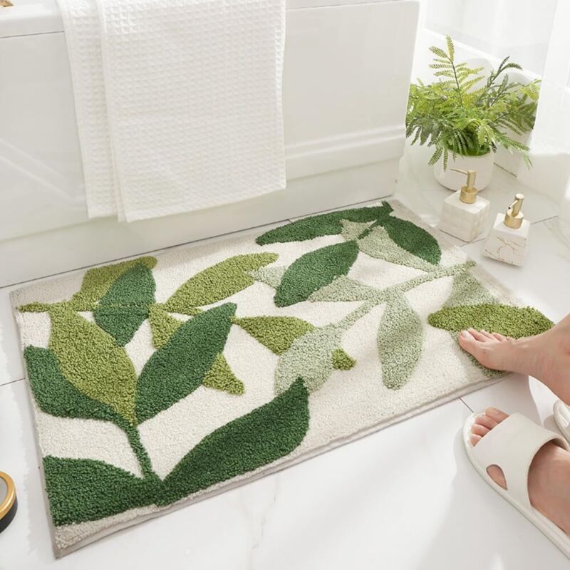 Grünes Blatt-badezimmerteppich, Super Weich, Aus Saugfähiger Faser, Rutschfest, Maschinenwaschbar, Botanisches Muster Für Badewanne, Waschbecken, Schlafzimmer
