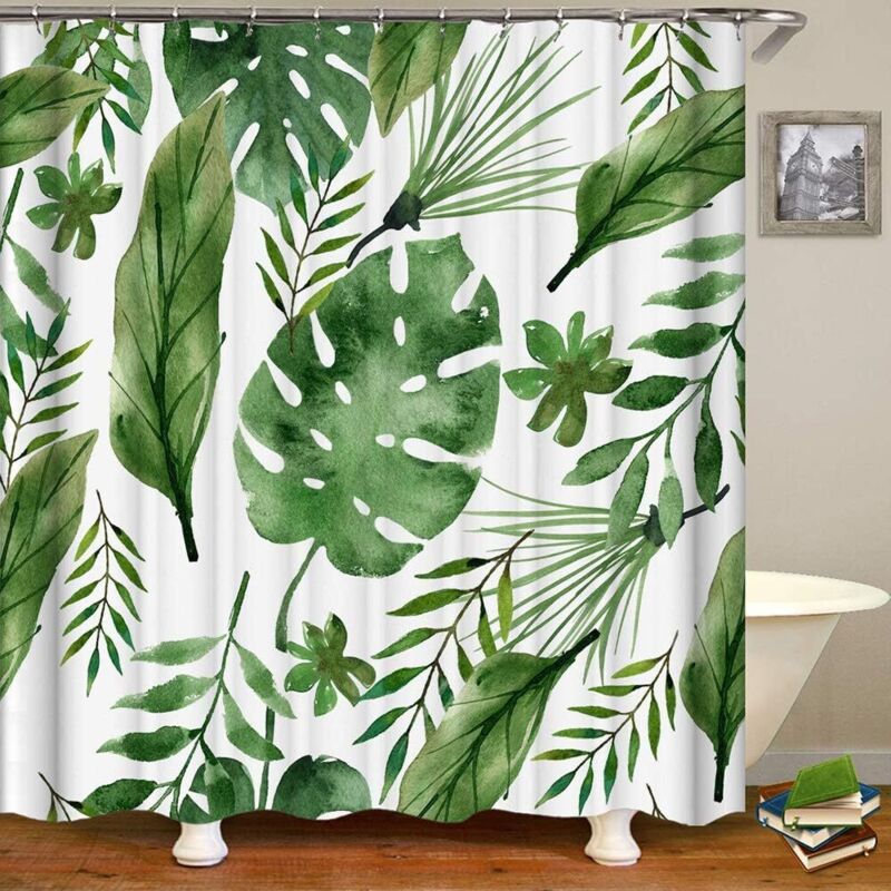 180x200 Cm Monstera Sommer, Duschvorhang Badezimmer Vorhänge, Wasserdichtes Waschbares Polyester Gewebe 3d Pflanze Digitaldruck Kunst Dekorationen Vorhang Mit 12 Haken