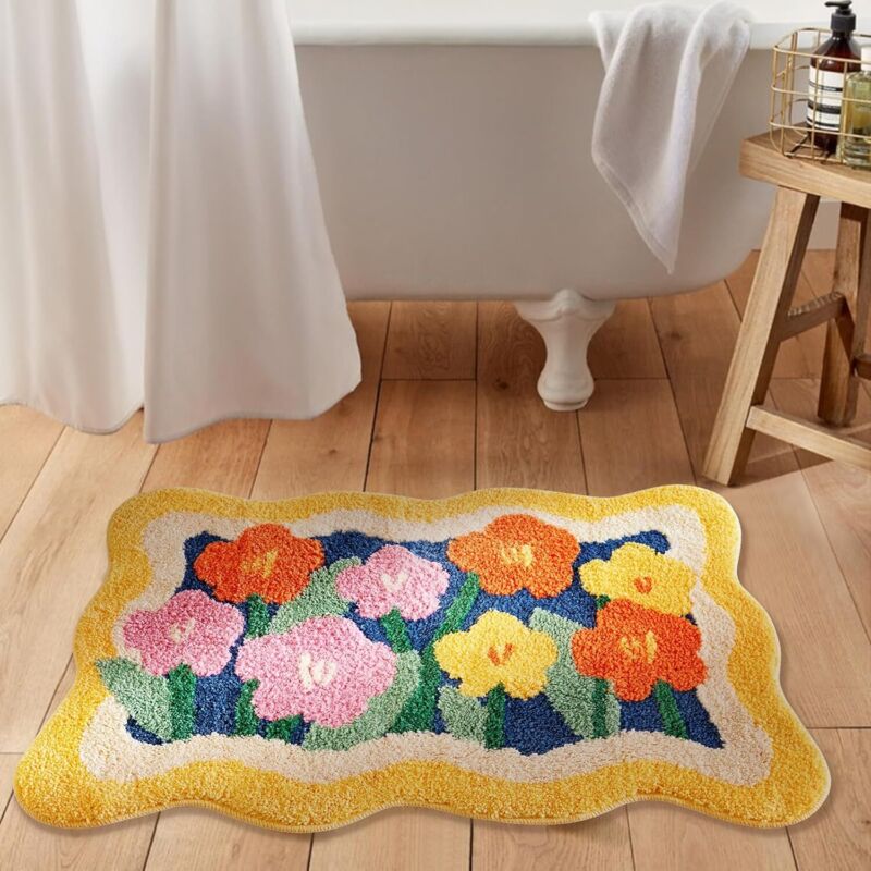 Boho-badematte, Langflorig, 40,6 Cm X 61 Cm, Rutschfest, Waschbar, Buntes Blumenmuster, Wasserabsorbierend, Lebendig Und Flauschig