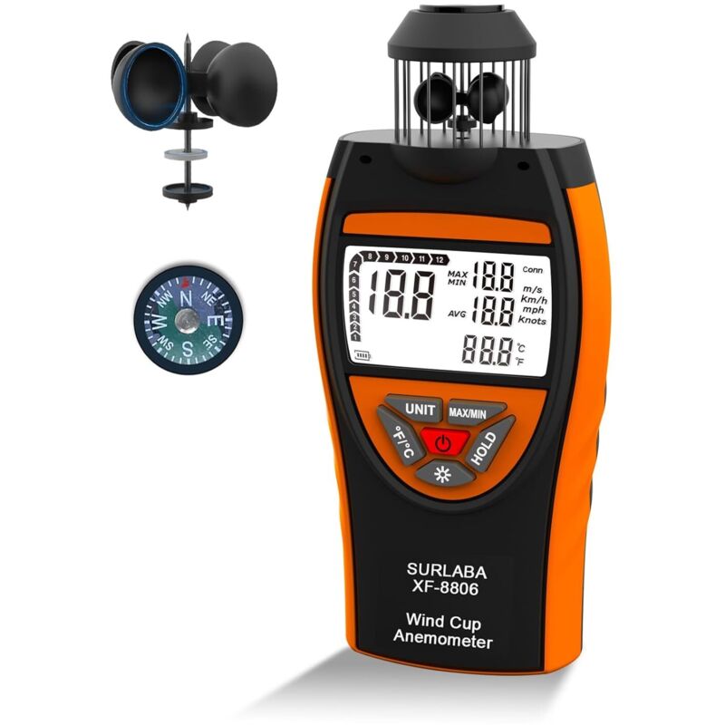 Digitales Anemometer, 4-becher-windgeschwindigkeitsmesser 0,742 M/s, Tragbares Anemometer Zur Messung Der Windgeschwindigkeit Max/min/durchschnitt Und Temperatur (℃/℉), Luftstromanzeige Mit Kompass Fü