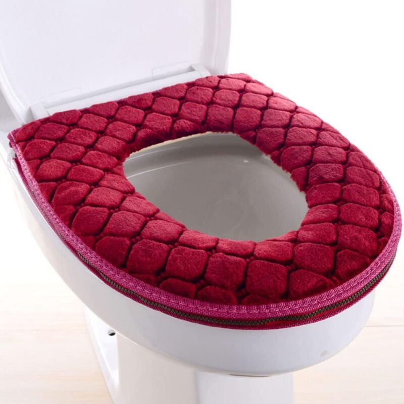 Toilettenbrillenbezug, Dehnbarer Warmer Toilettenkissenbezug, Waschbarer Stoff-toilettendeckel, Verdickter Weicher Toilettensitz (rot)