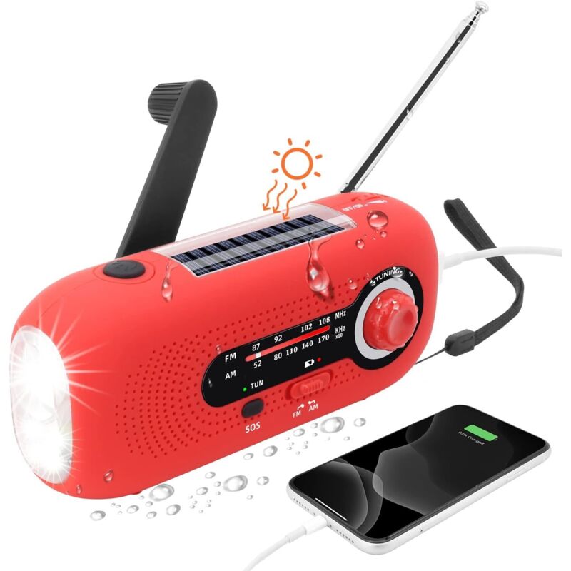 (rouge) Tragbares Solar-radio, Dynamo-radio, Solar-radio Mit Sos-alarm Für Notfälle, Kleines Radio, Wasserdichtes Ipx3-radio, Kurbelradio Am/fm, Taschenlampe, 2000mah Batterie