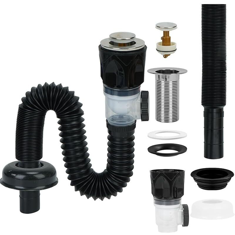 Waschbecken-siphon-set, Badezimmer-waschbecken-siphon, Küchenablauf Mit Flexiblem Ablaufschlauch Und Ausziehbarem Stopfen, Verstellbar Von 230 Bis 800 Mm