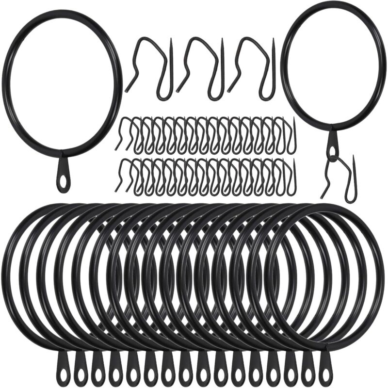 Swpeet 60 Stück 50 Mm/2" Innendurchmesser Metall-gardinenringe In Schwarz Mit Aufsteck-gardinenhaken-set, Schiebevorhang-ösenringe Für Fenster- Und Duschvorhänge